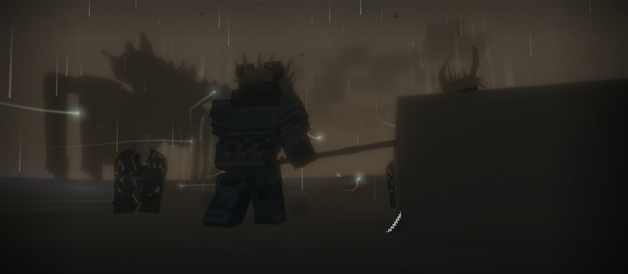 Armored figures in a stormy battlefield